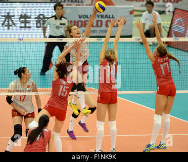 Nagoya, Japan. 5th Sep, 2015. Zeng Chunlei (C) of China spikes during the match of 2015 Women's Volleyball World Cup against Russia in Nagoya, Japan, Sept. 5, 2015. China won 3-1. © Ma Ping/Xinhua/Alamy Live News Stock Photo