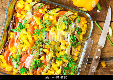 Roasted ratatouille dish in rustic style top view Stock Photo