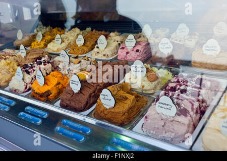 Unusual and delicious ice cream flavours on sale in St Ives harbour, Cornwall, England, UK Stock Photo