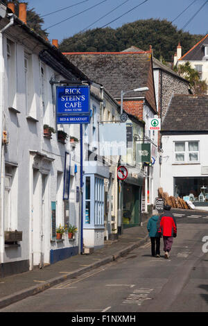 Looking along Middle Street past Rick Stein's cafe in Padstow, Cornwall, England, UK Stock Photo