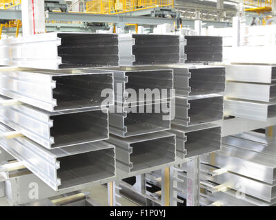 Aluminum lines stock rack in a factory. Stock Photo