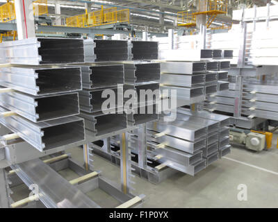 Aluminum lines stock rack in a factory. Stock Photo