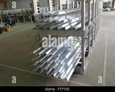 Aluminum lines stock rack in a factory. Stock Photo