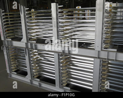 Aluminum lines stock rack in a factory. Stock Photo