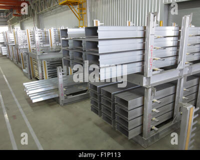 Aluminum lines stock rack in a factory. Stock Photo