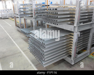 Aluminum lines stock rack in a factory. Stock Photo