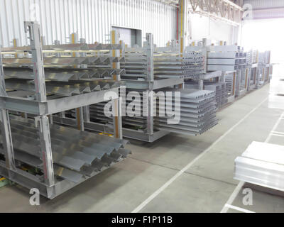 Aluminum lines stock rack in a factory. Stock Photo