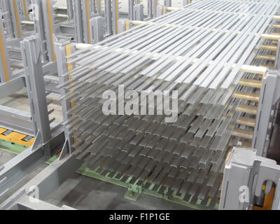 Aluminum lines stock rack in a factory. Stock Photo