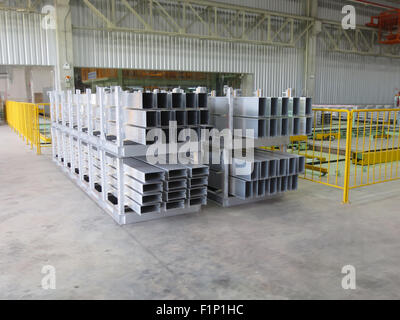 Aluminum lines stock rack in a factory. Stock Photo