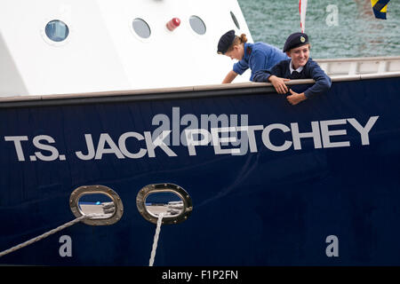 Weymouth, Dorset, UK. 5 September 2015. Crowds attend the Waterfest festival in Weymouth. Onboard  T.S. Jack Petchey Credit:  Carolyn Jenkins/Alamy Live News Stock Photo