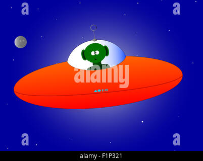 Flying saucer and alien over a star background Stock Photo