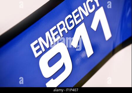 Emergency 911 Police Cruiser Side Door Sticker Closeup. transportation Photo Collection. Stock Photo
