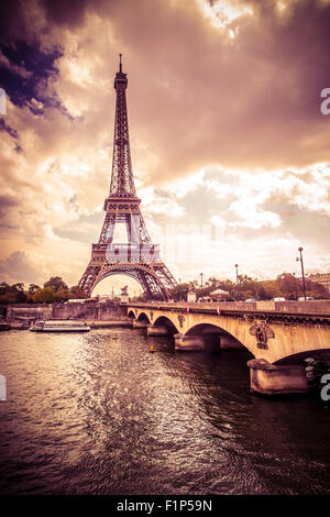 Eiffel Tower in Paris France under golden light Stock Photo