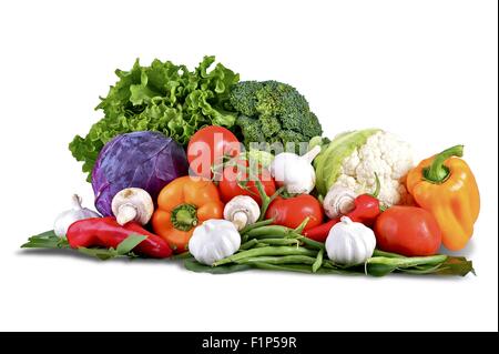Vegetables Isolated on White. Vegetables Basket: Fresh Broccoli, Onions, Tomatoes, Paprikas, Green Beans and Other Fresh Garden Stock Photo