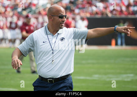 September 5, 2015: Penn State Nittany Lions head coach James Franklin reacts during warm-ups prior to the NCAA football game between the Penn State Nittany Lions and the Temple Owls at Lincoln Financial Field in Philadelphia, Pennsylvania. Stock Photo