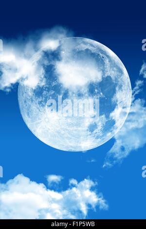 Cloudy Blue Sky and Large Moon Vertical Illustration. Abstract Design. Bright Night Sky Vertical Background. Stock Photo