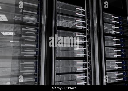 Dark Servers Room. Glassy-Metallic Server Racks. Wall of Servers. Dark Server Room 3D Generated Illustration. Hosting Related Th Stock Photo