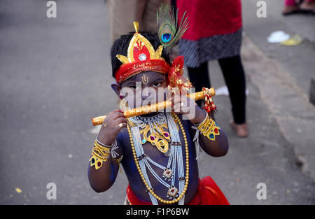 Kolkata, India. 06th Sep, 2015. The Janmasthami festival is observed to mark the birth of Lord Krishna. In this occasion Partha Sarathi Mandir organized a dress like Lord Krishna competition among the children at their temple. Credit:  Saikat Paul/Pacific Press/Alamy Live News Stock Photo