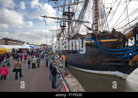 Great Yarmouth Maritime Festival visitors are treated to the world's largest wooden tall ship, the 18th century Götheborg from Sweden. Historic and modern vessels, maritime exhibits and demonstrations, music and costumed re-enactors draw thousands every year. Credit:  Adrian Buck/Alamy Live News