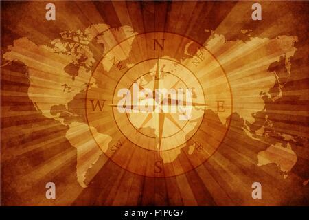 Old World Map with Compass Rose. Grungy Old Paper World Map with Compass. Stock Photo