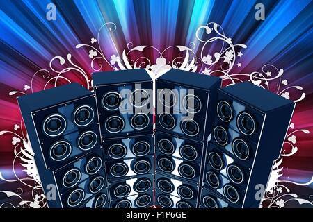 Speaker Columns. Retro Style Square Box Four Speakers Columns on Each Other. Floral Elements and Red-Blue Rays as Background. Stock Photo