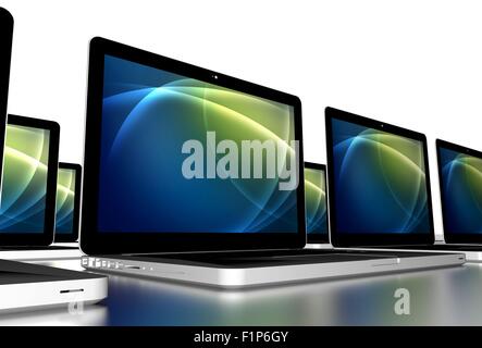 School Laptop Computers. Many Laptops on the Big Desk. Solid White Background. 3D Rendered Laptops Illustration. Stock Photo