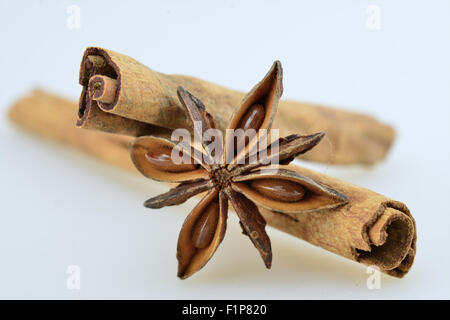 Cinnamon sticks with anise on white background Stock Photo