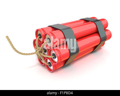 Red dynamite sticks - TNT with wick. 3D render illustration isolated on white background. Side view Stock Photo
