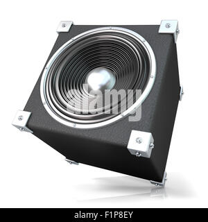 Black audio speaker. 3D render illustration isolated on white background. Side, angled view. Stock Photo