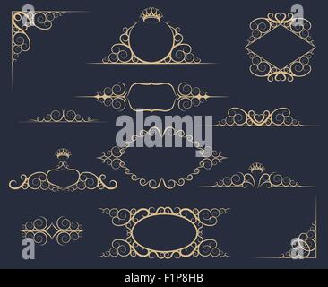 Calligraphic Luxury decor elements set. Elegant decor emblems, frames, borders and corners. Vintage style. Isolated on dark back Stock Vector