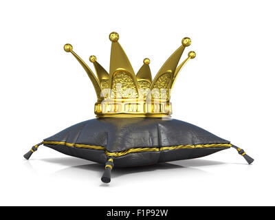 Royal black leather pillow and golden crown. 3D render illustration isolated on white background Stock Photo