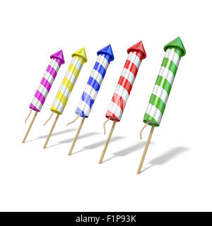 Colorful fireworks rockets. 3D render illustration isolated on white background Stock Photo