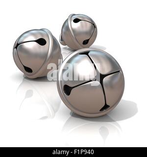 Three silver sleigh bells, 3D render illustration, isolated on white background. Stock Photo