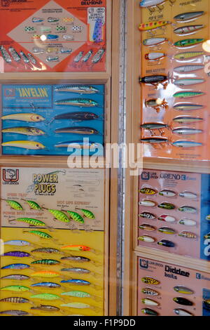 A display of fishing lures in an old-time general store setting at the Chesapeake Bay Maritime Museum in St. Michaels, MD. Stock Photo