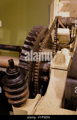 Closeup of steamship engine gears on display at the Chesapeake Bay Maritime Museum in St. Michaels, MD. Stock Photo