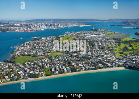 Cheltenham Beach, Devonport, Auckland, North Island, New Zealand - aerial Stock Photo