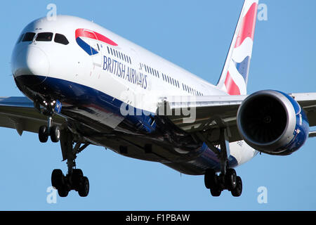 British Airways Boeing 787-8 approaches runway 27L at London Heathrow airport.