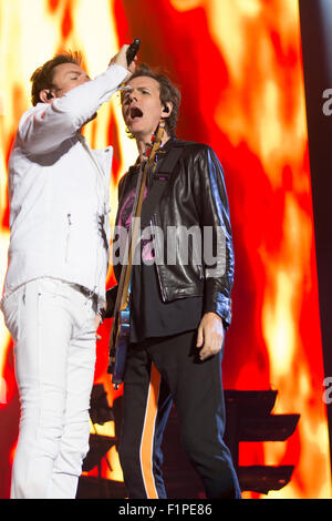Gibraltar. 5th September, 2015. Pictured Duran Duran the 80's chart topping band was one of the headliners at the Gibraltar Music Festival. The Gibraltar Music Festival started today at the Victoria Stadium with 3 main stages providing international and local acts to a capacity crowd. Among the line -up today were Little Mix, Union J, Tom Odell, Paloma Faith, Duran Duran, Hudson Taylor, The Feeling, Third World, Lawson and Spanish group Estopa. Stock Photo