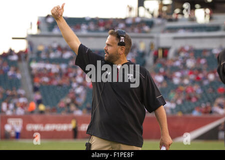 September 5, 2015: Temple Owls head coach Matt Rhule reacts during the NCAA football game between the Penn State Nittany Lions and the Temple Owls at Lincoln Financial Field in Philadelphia, Pennsylvania. The Temple Owls won 27-10. Christopher Szagola/CSM Stock Photo