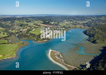 Okura River and Okura, Auckland, North Island, New Zealand - aerial Stock Photo