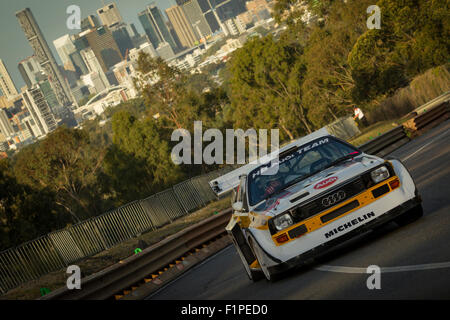 Brisbane, Australia. 5th September, 2015. The Mount Cootha Classic is a street sprint motorsports event held on the Mount Cootha road just outside of Brisbane's central business district. It showcases premier motorsports racing alongside historical car and motorcycle displays. Pictured is driver Stewart Reid in his historic Audi Quattro S1 racing up the Mount Cootha road circuit in the top five showdown at the end of the day. Credit:  Russell Hunter/Alamy Live News Stock Photo