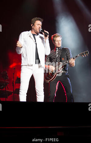 Gibraltar. 5th September, 2015. Pictured Duran Duran the 80's chart topping band was one of the headliners at the Gibraltar Music Festival. The Gibraltar Music Festival started today at the Victoria Stadium with 3 main stages providing international and local acts to a capacity crowd. Among the line -up today were Little Mix, Union J, Tom Odell, Paloma Faith, Duran Duran, Hudson Taylor, The Feeling, Third World, Lawson and Spanish group Estopa. Stock Photo