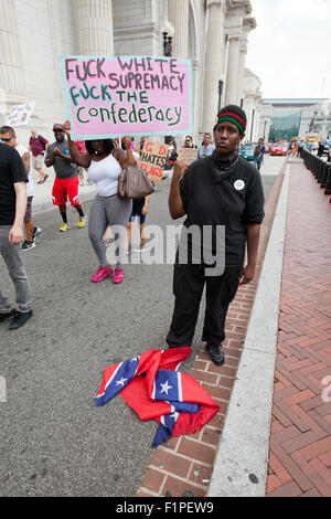 Washington, DC, USA. 5th September, 2015.The Sons of Confederate Veterans hold a rally for the Confederate flag on Upper Senate Park on Capitol Hill. While only a few dozen supporters of the Confederate flag attended, opposition members of groups such as Code Pink and Black Lives Matter, showed in greater numbers and with much criticism. Opposition members chased the Sons of Confederate Veterans as they made their way to Union Station, where some opposition members clashed with police. Credit:  B Christopher/Alamy Live News Stock Photo