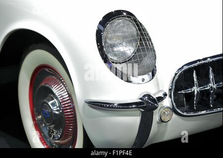 Beautiful American Oldtimer Car - Closeup. White Body Front Closeup. Oldtimers Photo Collection. Stock Photo