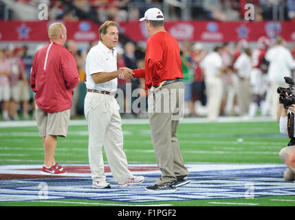 Arlington, Texas, USA. 5th September, 2015. Alabama head coach Nick Saban meets with Wisconsin head coach Paul Chryst before an NCAA Advocate Classic Football game between the Wisconsin Badgers and the Alabama Crimson Tide at AT&T Stadium in Arlington, TX Albert Pena/CSM Credit:  Cal Sport Media/Alamy Live News Stock Photo