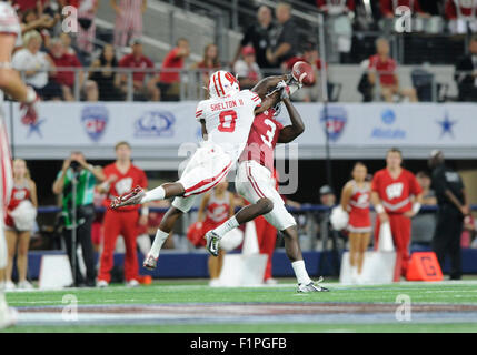 Arlington, Texas, USA. 5th September, 2015. Alabama Crimson Tide wide receiver Calvin Ridley #3 has a pass broken up by Wisconsin Badgers cornerback Sojourn Shelton #8 in an NCAA Advocate Classic Football game between the Wisconsin Badgers and the Alabama Crimson Tide at AT&T Stadium in Arlington, TX Albert Pena/CSM Credit:  Cal Sport Media/Alamy Live News Stock Photo