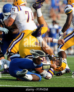 September 5, 2015: Albany Great Danes football helmet waiting use