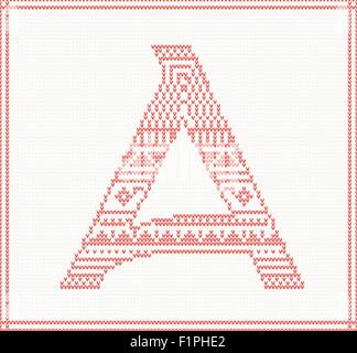 Red knitted Letter A with ornament on beige Background. Vector illustration Stock Vector