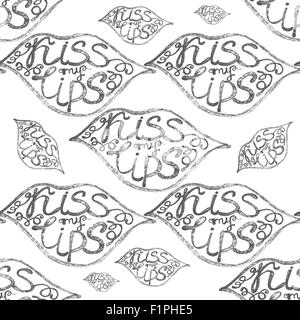 Vector hand drawn seamless pattern with lips and kiss my lips text. Stock Vector