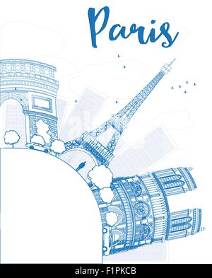Outline Paris skyline with blue landmarks and copy space. Vector illustration Stock Vector
